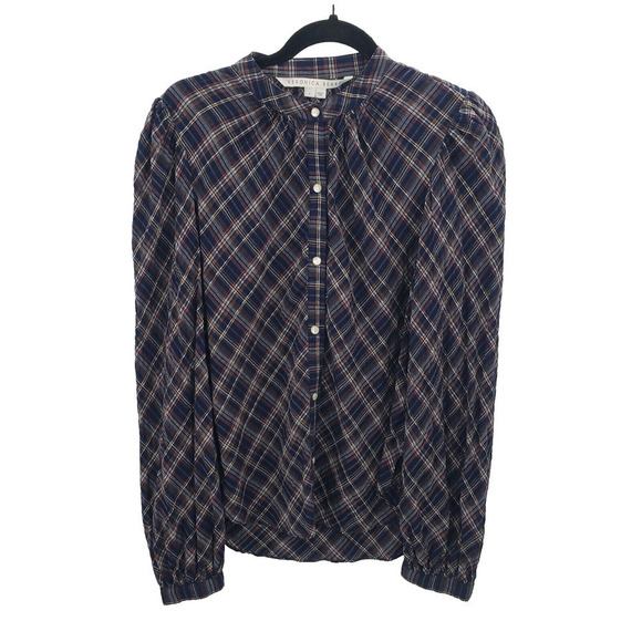 Veronica Beard Ashlynn Plaid Button Up Blouse Womens Size 4 Blue Pearl Snap - Picture 2 of 14